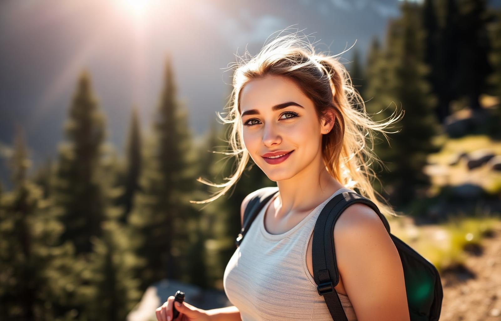 Woman hiking in Summit County with glowing skin
