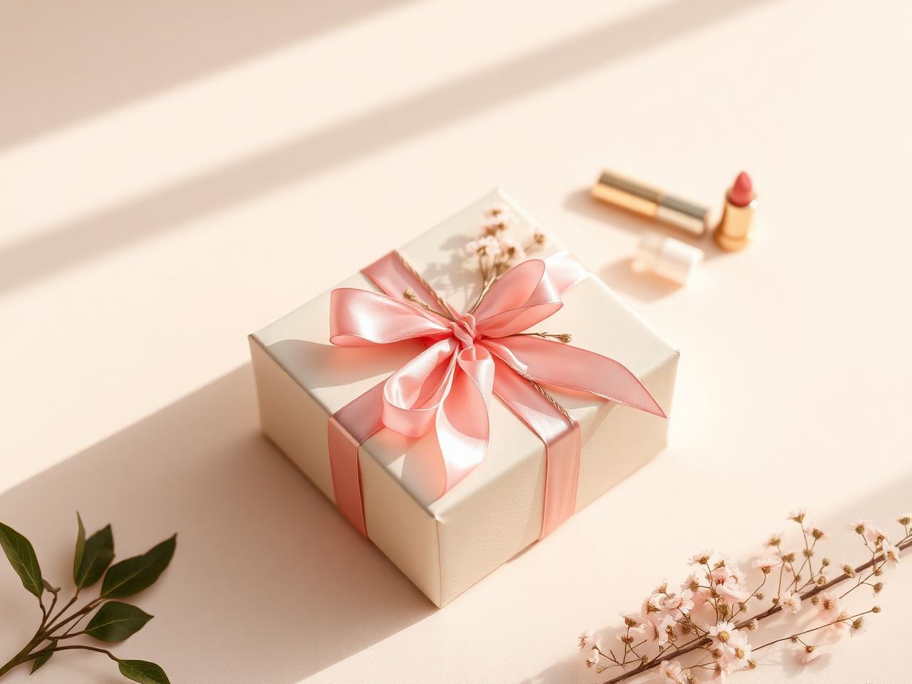 Beautifully wrapped Mountain Glo gift box with blush ribbon
